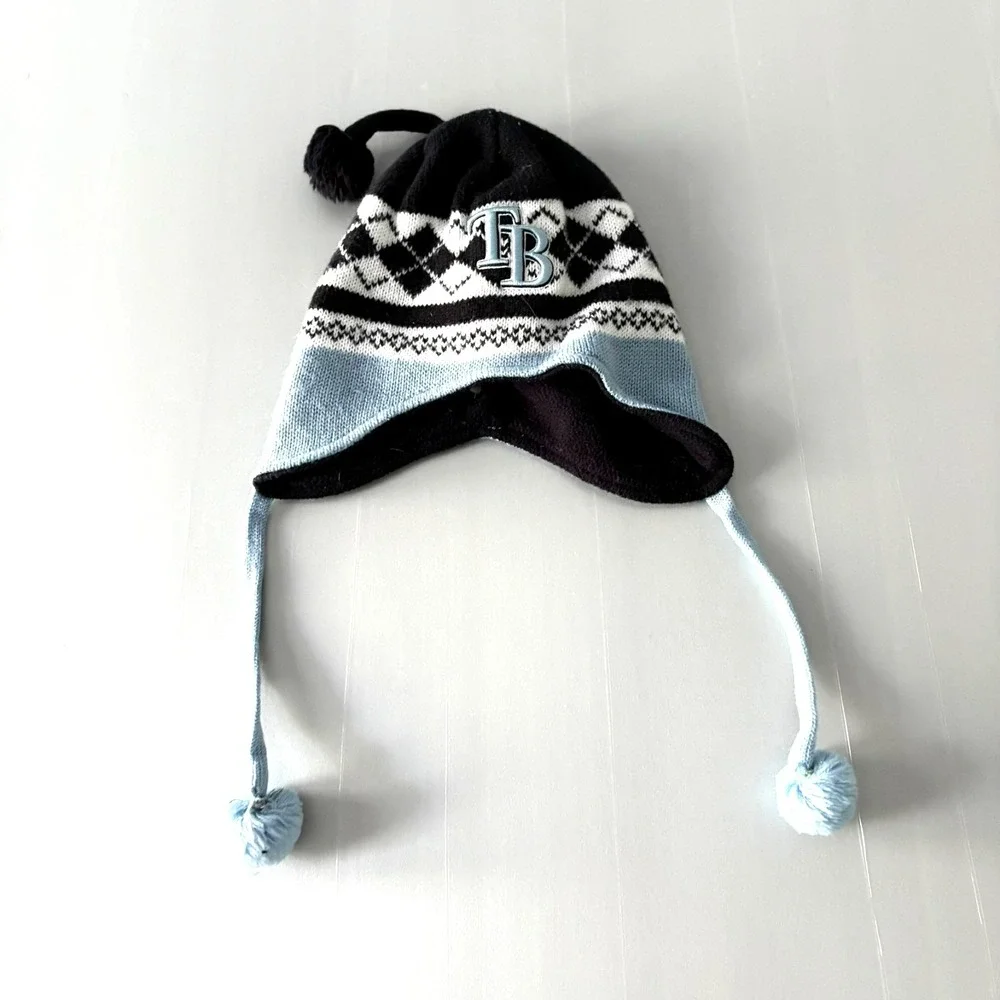 FAN FAVORITE KIDS Aviator Flap Ear Knit‎ Hat Cap MLB Tampa Bay Rays Pom Pom